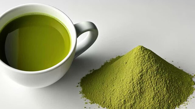 Enjoying a fresh cup of matcha green tea with vibrant matcha powder on the side for a healthy boost, A cup of matcha green tea and matcha powder with a matcha green tea maker on a simple background