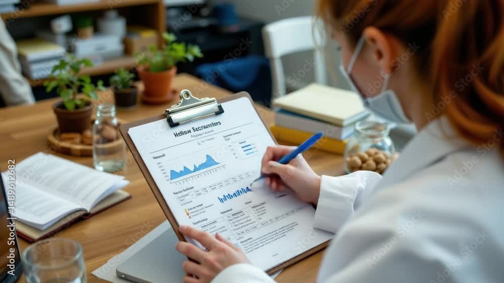 Poster researcher wearing mask analyzes data on clipboard with charts and graphs in cozy workspace and desk