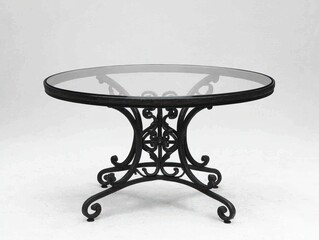 Elegant Round Glass Table with Intricate Black Metal Base Design