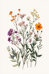 Fototapeta premium Beautiful Botanical Illustration of Colorful Wildflowers on White Background