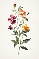 Fototapeta premium Vintage Floral Botanical Illustration of Colorful Blooms and Leaves