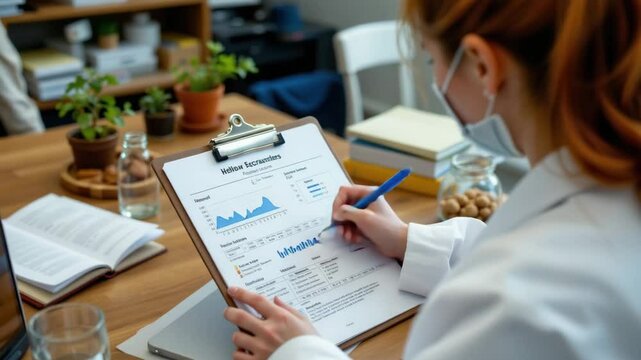 Researcher wearing mask analyzes data on clipboard with charts and graphs in cozy workspace and desk focused on climate research and insights