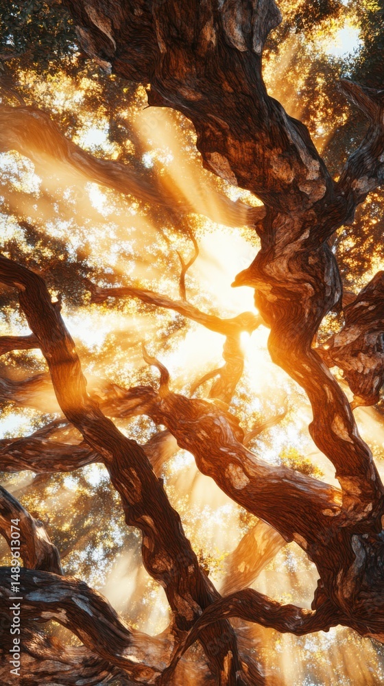 Aufkleber radiant sunlight filtering through twisted tree branches in a serene forest environment