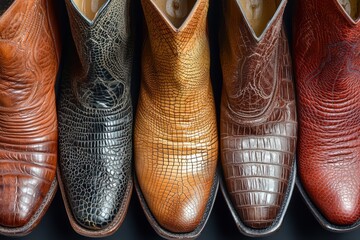 Close-up View of Colorful Cowboy Boots in Various Textures and Tones