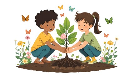 Boy and girl from diverse cultures planting a tree together surrounded by native plants and butterflies symbolizing unity and biodiversity