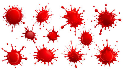 Red paint splashes of various shapes and sizes are scattered on transparent background, creating dynamic and artistic effect. vibrant red color stands out, adding energy and creativity