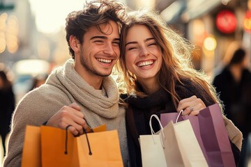 Young smiling couple enjoying shopping together outdoors holding colorful shopping bags on a sunny day