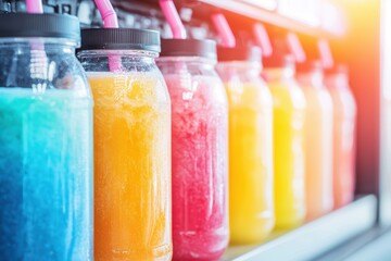 Colorful Refreshing Beverages in Jars with Straws in a Display