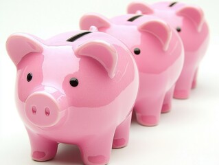 Three Pink Piggy Banks in a Row on a White Background