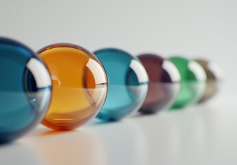 Colorful Glass Spheres in Gradual Arrangement on a White Surface