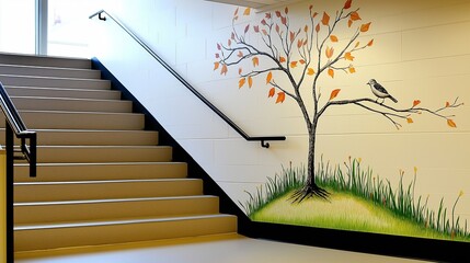 A well-organized school staircase with a subtle and artistic wall decoration, enhancing the learning environment without overpowering the space. 