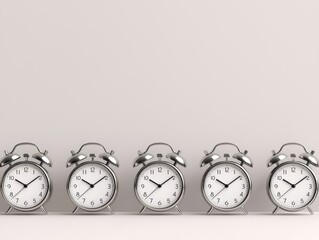 Five Classic Alarm Clocks in a Row Against a Simple Background