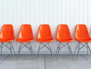 Modern Orange Chairs Stacked Against White Wall in Minimalist Design
