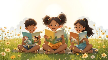 Five diverse children reading books in a meadow circle featuring endangered species and native languages promoting cultural and biological diversity