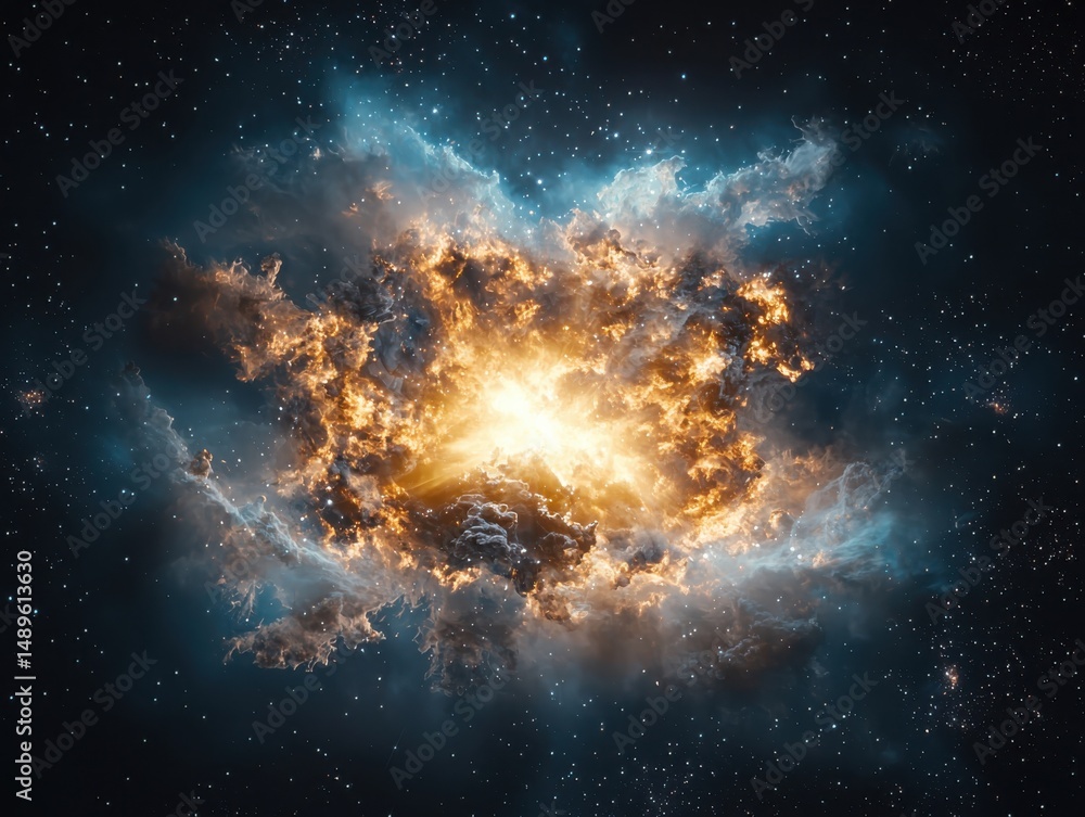 Poster cosmic explosion event outer space digital artwork stellar environment wide-angle view cosmic phenom