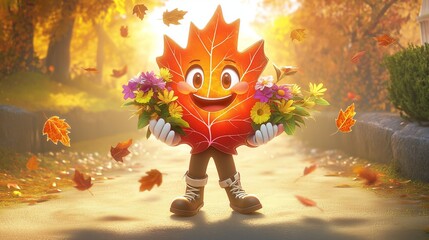 A whimsical, animated maple leaf character standing proudly in a cozy fall setting. The leaf glows with warm hues of orange, red, and yellow, resembling a crisp autumn day.