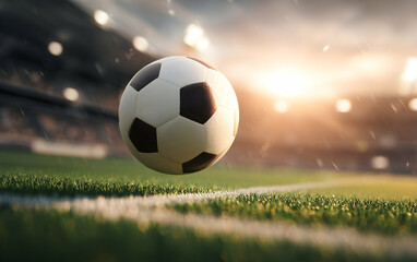 Naklejka premium Soccer Ball Floating Above a Field with Stadium Lights in Background