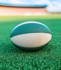 Close-Up of Green Rugby Ball on Lush Green Field Under Blue Sky