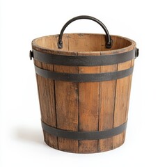 Rustic Wooden Bucket with Metal Bands and Handle for Decoration