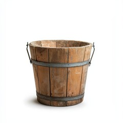 Wooden Bucket with Metal Accents on a White Background