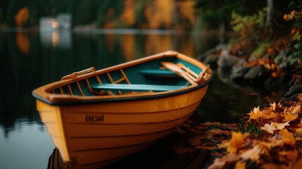Obraz premium Peaceful wooden rowboat moored at tranquil autumn lake shore with fallen maple leaves and calm water reflections in evening golden light