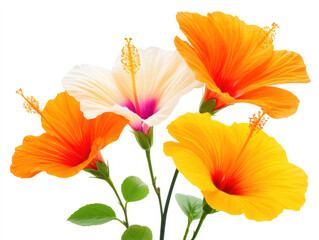 Tropical hibiscus flowers in vibrant orange, yellow, and white colors with green leaves on white background