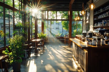Fototapeta premium Sipping morning coffee in a cozy urban embracing relaxation and bright perspectives in inviting interior design