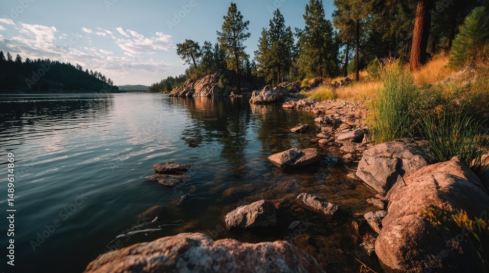 Poster scenic view of lake in pine forest with reservoir and sky concept. serene lakeside view with rocks a