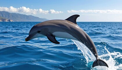 Fototapeta premium Spectacular display of Bottlenose dolphin leaping out of blue ocean waters