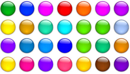 Colorful glossy buttons arranged in grid pattern featuring variety of vibrant hues including pink purple orange yellow green blue and brown each with shiny reflective surface