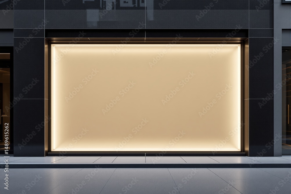 Poster Illuminated storefront display on modern building facade with warm lighting, minimalistic architecture and clean sidewalk, concept of urban design. Ai generative