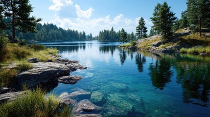 Obraz premium Scenic view of lake in pine forest with reservoir and sky concept. Tranquil lake surrounded by lush trees and rocky shorelines.