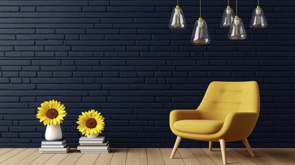 modern minimalist interior featuring a textured navy blue brick wall as the backdrop. A mustard-yellow fabric chair with wooden legs sits in the foreground, positioned on a warm-toned wooden floor.