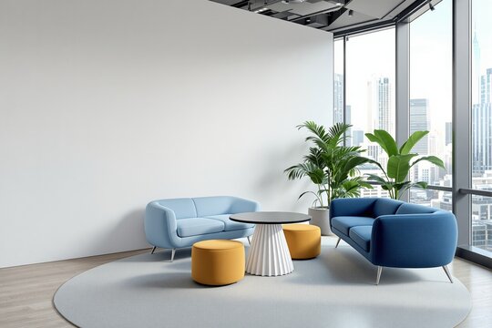 Contemporary office lounge with blue sofas, yellow stools, indoor plants, and city skyscrapers through glass windows, modern design concept. Ai generative