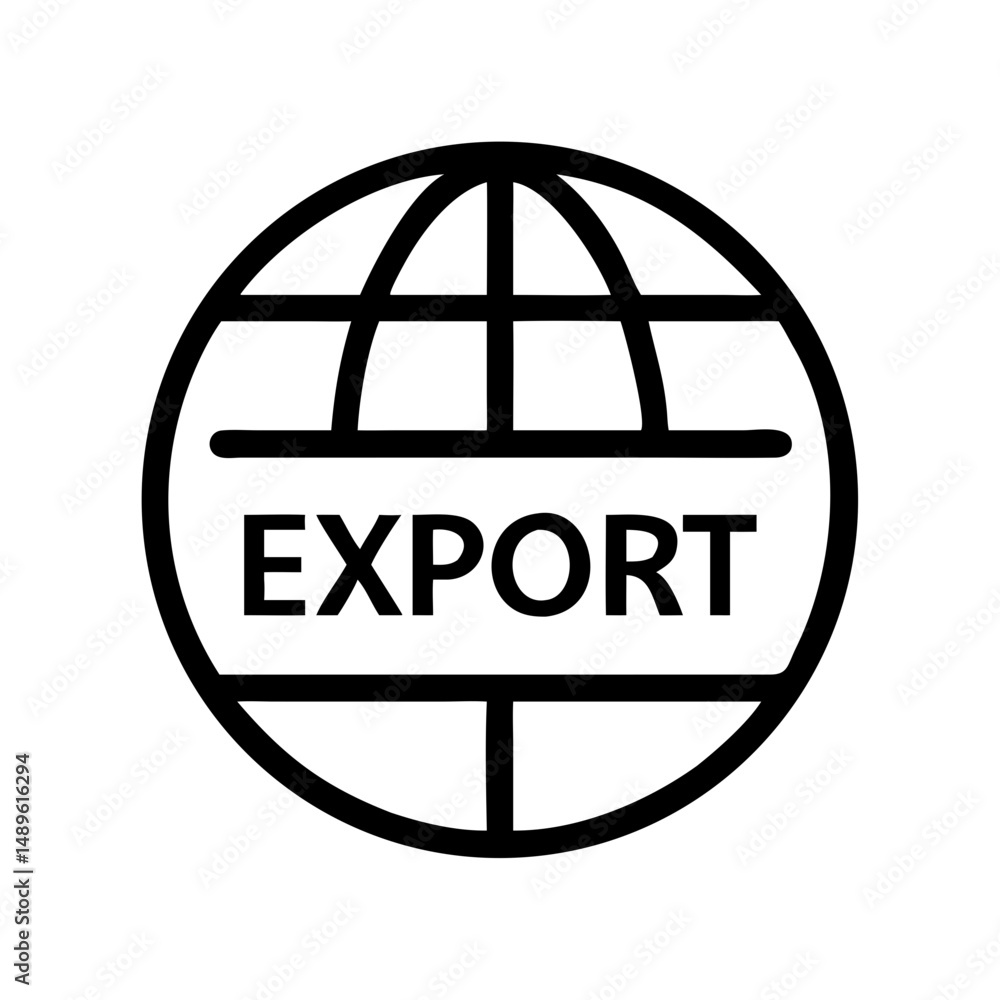 Poster export icon with globe lines in black outline style