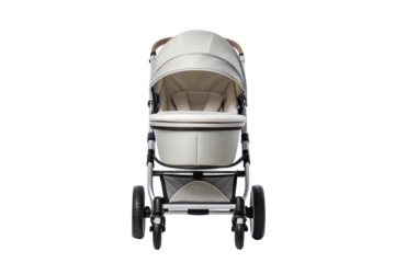 PNG Front view of modern beige baby stroller with adjustable canopy and black frame wheels