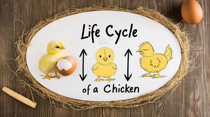 A beautifully arranged life cycle of a chicken craft, featuring an oval white board with four distinct phases.