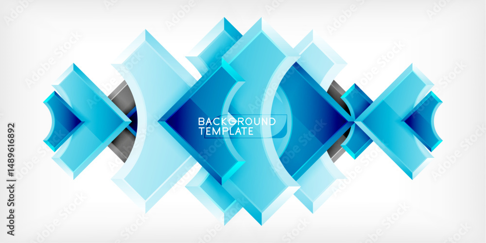 Poster Abstract blue geometric shapes form dynamic pattern. Gradient colors create modern, technological feel. Background template design.