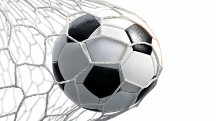 Soccer Ball Scoring Goal in Net on White Background