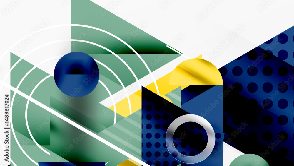 Aufkleber Abstract geometric composition. Shapes overlap, creating dynamic visual effect. Blue, green, yellow hues dominate design. Modern, clean aesthetic.