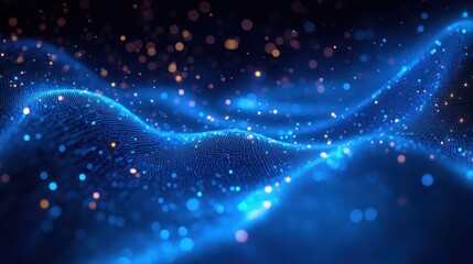 Abstract digital wave landscape with glowing blue and orange particles creating a sense of motion and depth in a dark environment