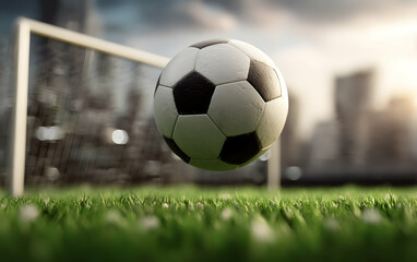 Fototapeta premium Soccer Ball Floating Near Goal on Green Field City Background