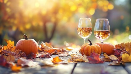 Autumnal Wine Tasting: Two glasses of white wine among pumpkins and fall leaves on wooden table, bathed in sunlight