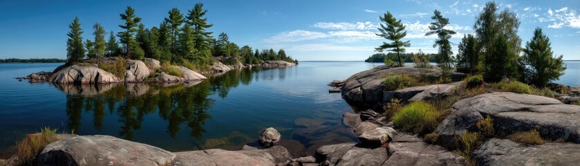 Scenic view of lake in pine forest with reservoir and sky concept. A serene view of an island with trees reflecting in calm waters.