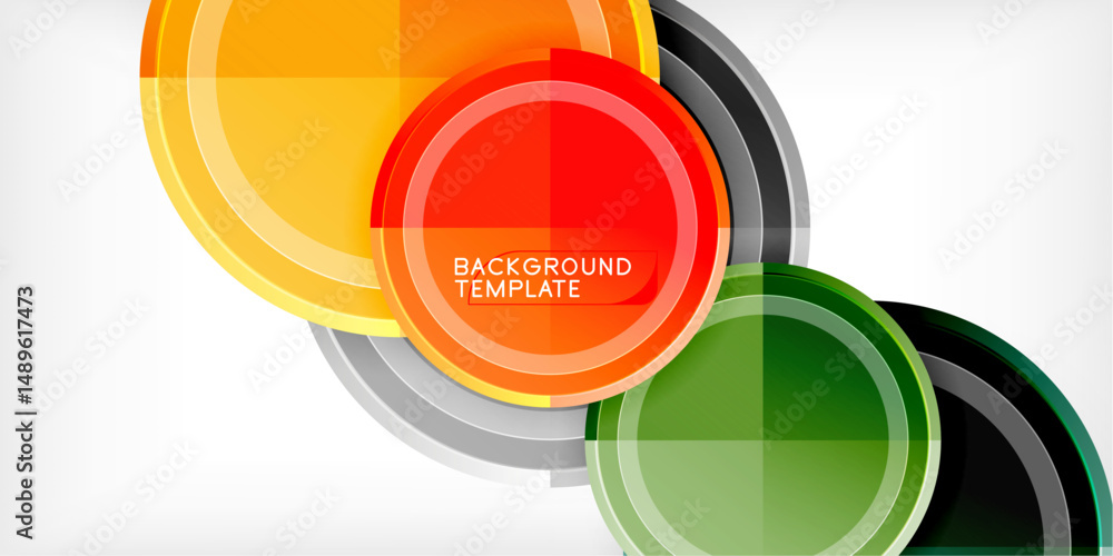 Poster Abstract circles overlap, creating vibrant color gradients. Modern design features glossy effects, black background, white space.