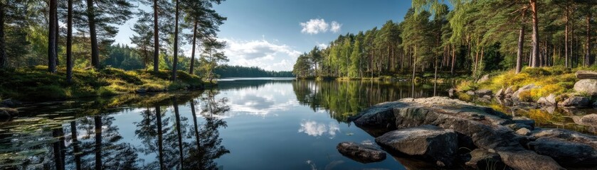 Scenic view of lake in pine forest with reservoir and sky concept. A serene lake surrounded by lush trees and rocky shores.