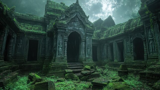 Ancient stone temple ruins overgrown with moss atmospheric lighting jungle setting