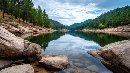 Scenic view of lake in pine forest with reservoir and sky concept. Serene lake reflecting mountains and trees under a cloudy sky.