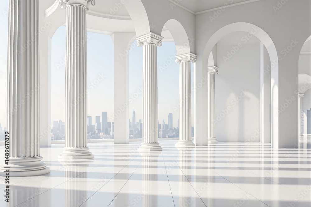Poster elegant white classical building interior with tall columns and arches, minimalist style, bright day