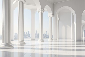 Obraz premium Elegant white classical building interior with tall columns and arches, minimalist style, bright daylight background, concept of timeless architecture. Ai generative